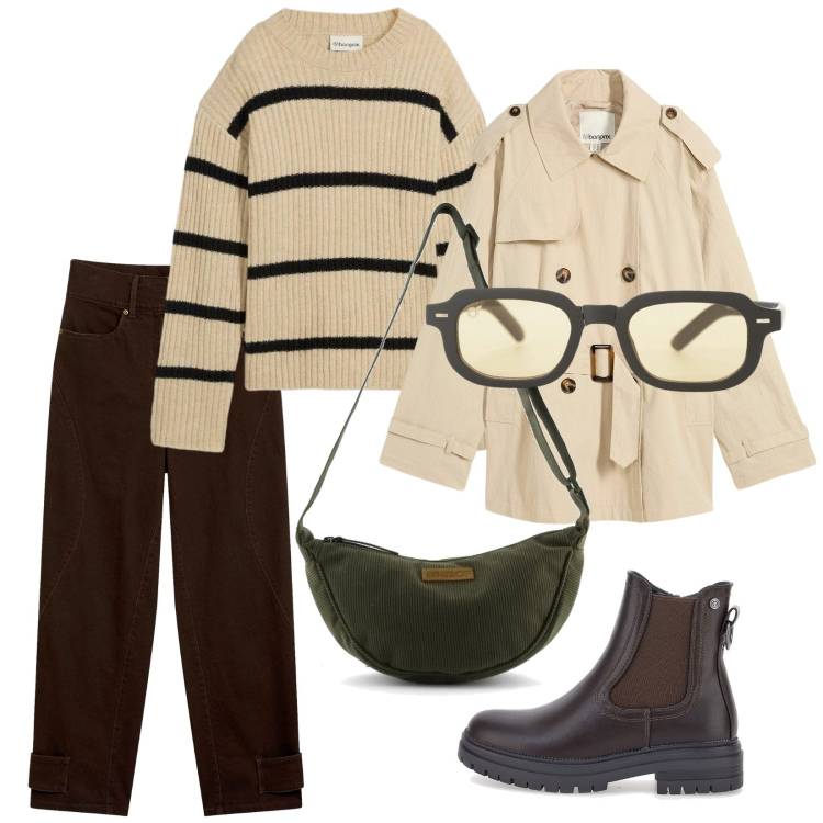 Outfit donna - Comodamente trendy. Stile Trendy per Tutti i giorni. Abbinamento con trench, pantaloni, maglieria, occhiali da sole, borse a tracolla, stivaletti chelsea.