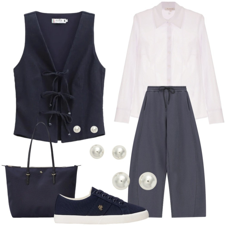 Outfit donna - Il gilet raffinato. Stile Casual chic per Tutti i giorni. Abbinamento con gilet, camicie, pantaloni a palazzo, sneakers, borse tote, orecchini.
