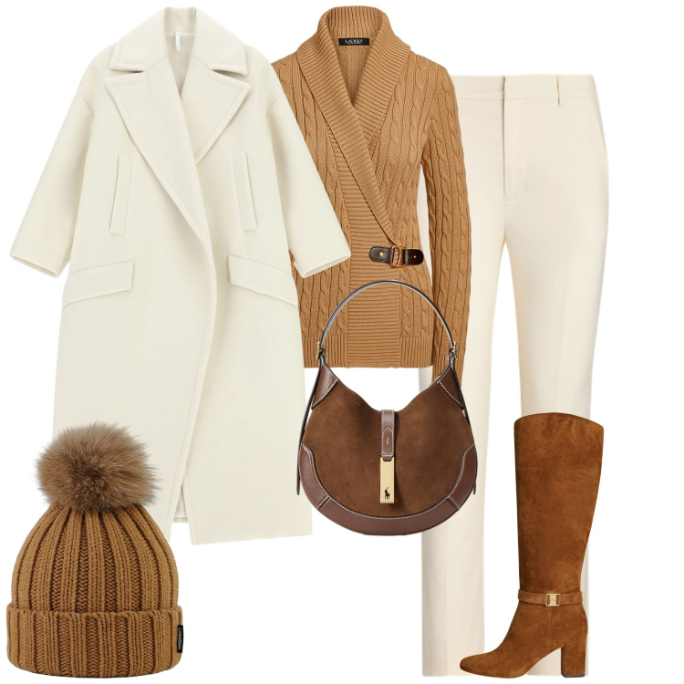 Outfit donna - Panna e gianduia. Stile Minimal per Tutti i giorni. Abbinamento con cappotti, maglieria, stivali, pantaloni, borse a spalla, berretti.