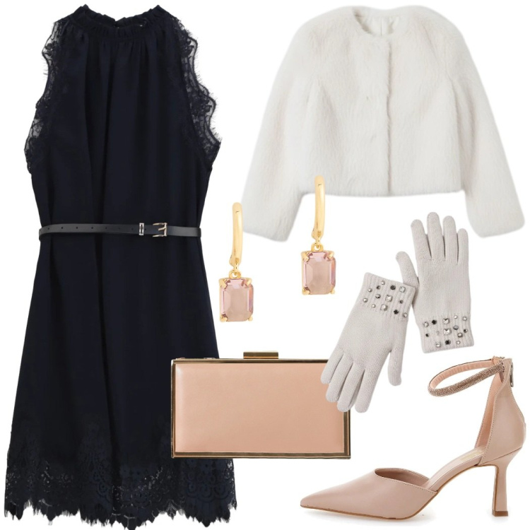 Outfit donna - Blu per le feste. Stile Chic per Serata fuori. Abbinamento con pochette, ecopellicce, guanti, vestiti corti, orecchini, décolleté.