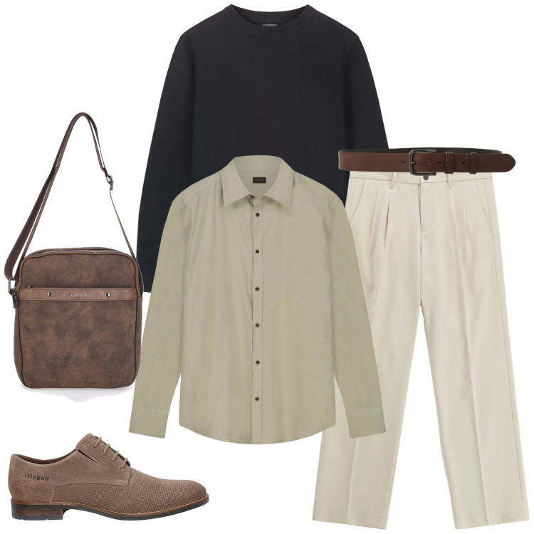 Outfit uomo - Total look #2302059. Stile Business/Elegante per Ufficio. Abbinamento con pantaloni, cinture, portafogli, scarpe stringate, maglieria, camicie.