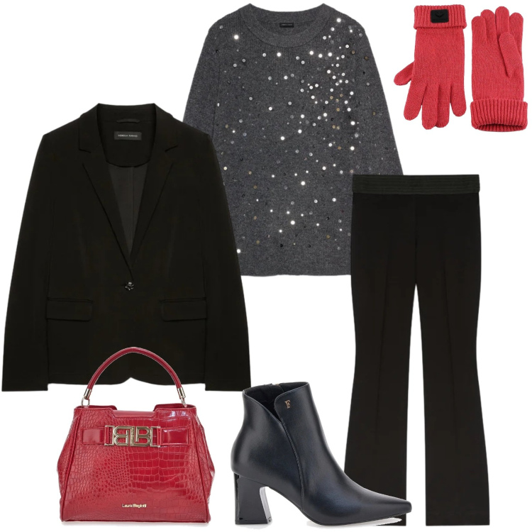 Outfit donna - Total look #2302060. Stile Casual chic per Serata fuori. Abbinamento con guanti, stivaletti, blazer, maglieria, pantaloni, borse a mano.