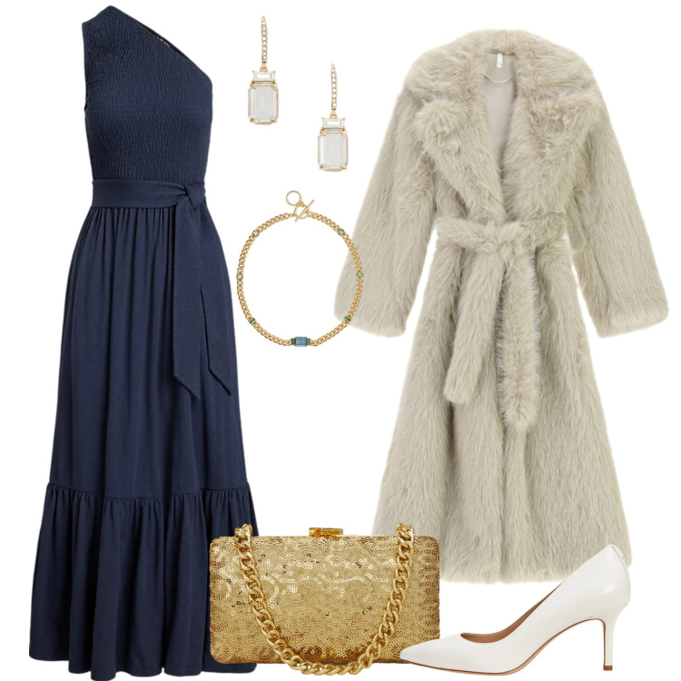 Outfit donna - Come in una favola. Stile Romantica per Serata fuori. Abbinamento con cappotti, décolleté, vestiti asimmetrici, clutch, collane, orecchini.