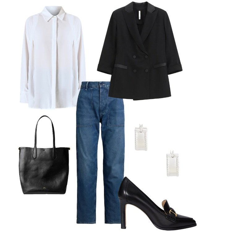 Outfit donna - Rettangolo piccolo ("I") -02. Stile Casual chic per Serata fuori. Abbinamento con camicie, blazer, borse tote, orecchini, décolleté, jeans.