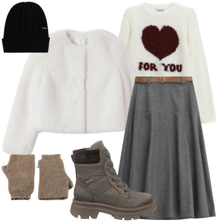 Outfit donna - Look anti freddo. Stile Trendy per Tutti i giorni. Abbinamento con gonne lunghe, pullovers, ecopellicce, berretti, guanti, anfibi.
