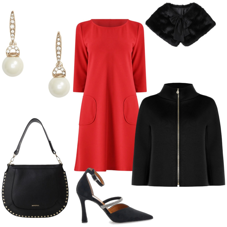 Outfit donna - Total look #2302064. Stile Glamour per Serata fuori. Abbinamento con vestiti corti, cappe, stole, borse a spalla, orecchini, décolleté.