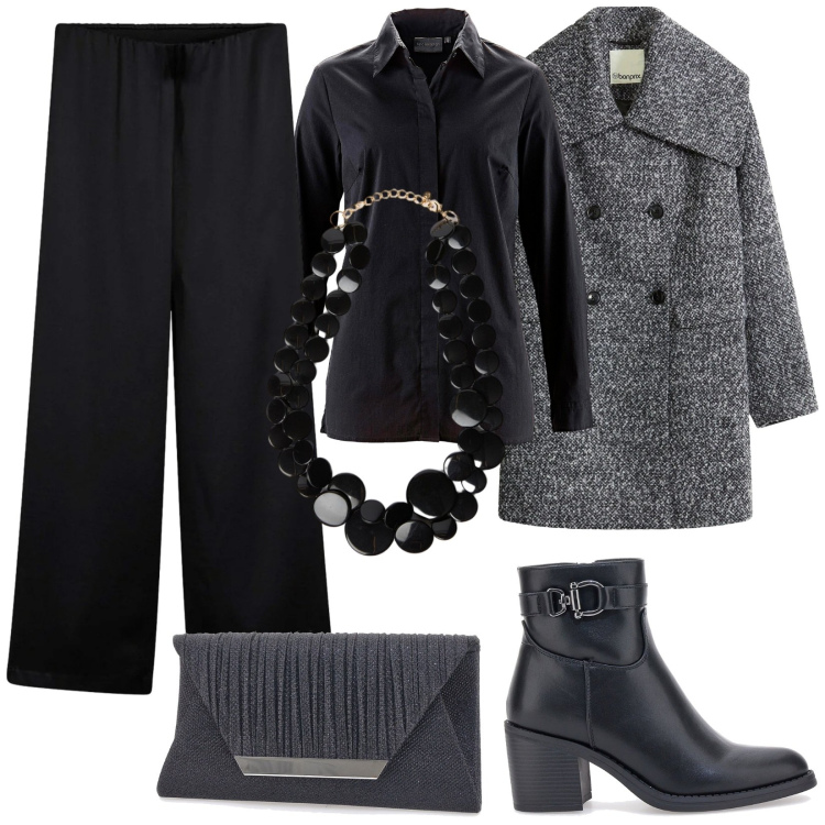 Outfit donna - Serata fuori. Stile Chic per Serata fuori. Abbinamento con camicie, pantaloni a palazzo, cappotti, pochette, collane, stivaletti.