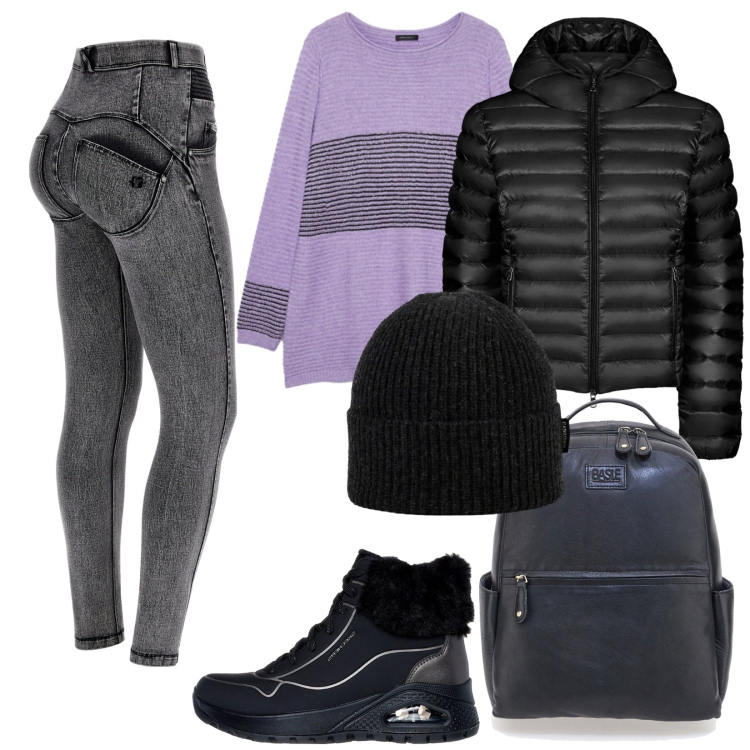 Outfit donna - Il pullover a righe. Stile Trendy per Tutti i giorni. Abbinamento con jeans skinny, berretti, blazer, maglieria, sneakers alte, zaini.