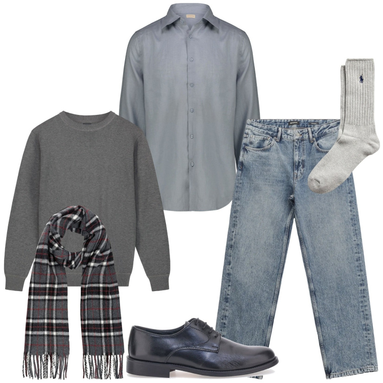 Outfit uomo - Total look #2302070. Stile Trendy per Serata speciale. Abbinamento con jeans dritti, calzini, scarpe stringate, camicie, maglieria, sciarpe.