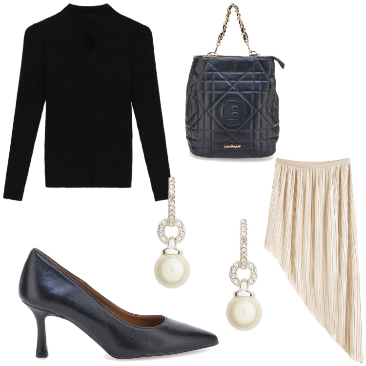 Outfit donna - Linee asimmetriche. Stile Chic per Serata fuori. Abbinamento con gonne, maglieria, orecchini, décolleté, zaini.