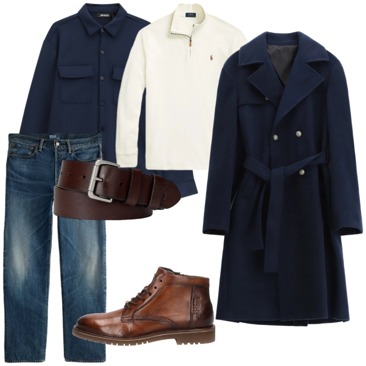 Outfit uomo - Il cappotto blu. per Serata speciale. Abbinamento con cappotti, camicie, cinture, pullovers, jeans dritti, stivali e stivaletti.
