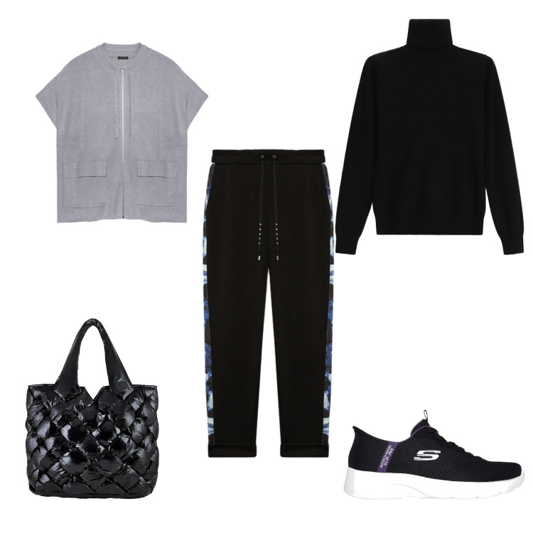 Outfit donna - Comfortable Black. Stile Basic per Tutti i giorni. Abbinamento con maglieria, borse tote, pantaloni, sneakers, maglieria.