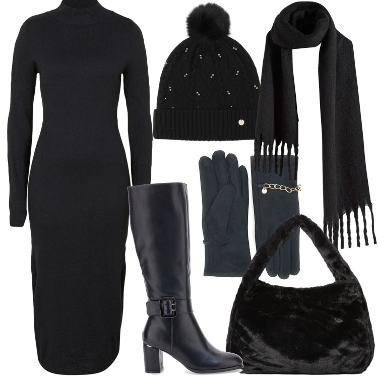 Outfit donna - Warm e Chic. Stile Casual chic per Tutti i giorni. Abbinamento con vestiti, sciarpe, berretti, stivali sopra il ginocchio, borse a spalla, guanti.