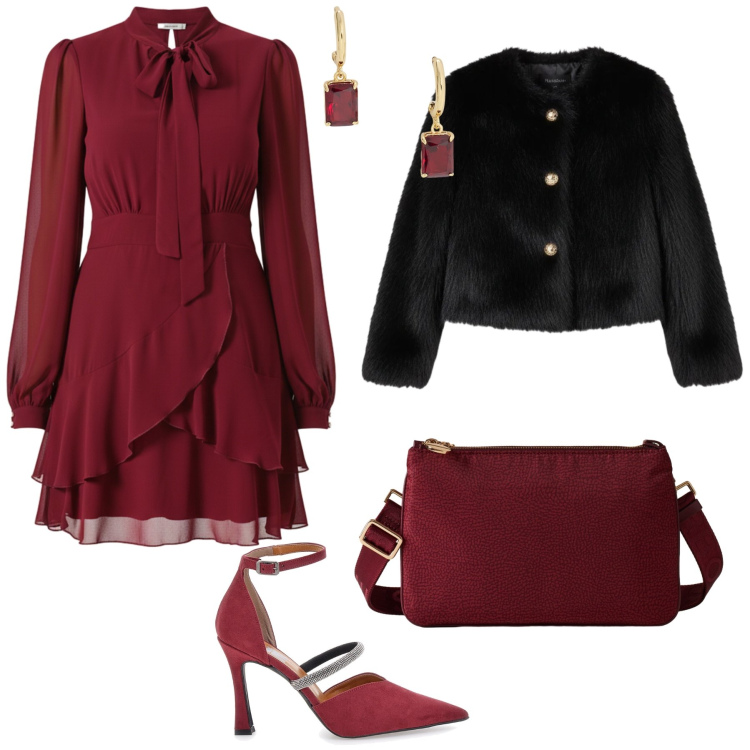 Outfit donna - Vigilia di Natale. Stile Bon Ton per Serata fuori. Abbinamento con vestiti corti, ecopellicce, borse a tracolla, orecchini, décolleté.