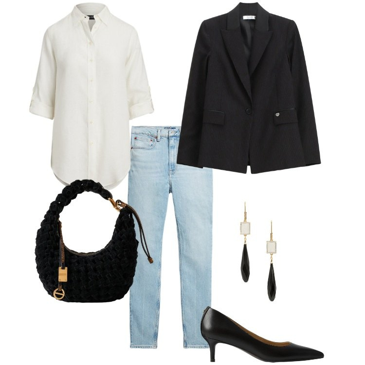 Outfit donna - Diamante (Ovale)- 01. Stile Casual chic per Tutti i giorni. Abbinamento con blazer, borse a mano, jeans slim fit, camicie, orecchini, décolleté.