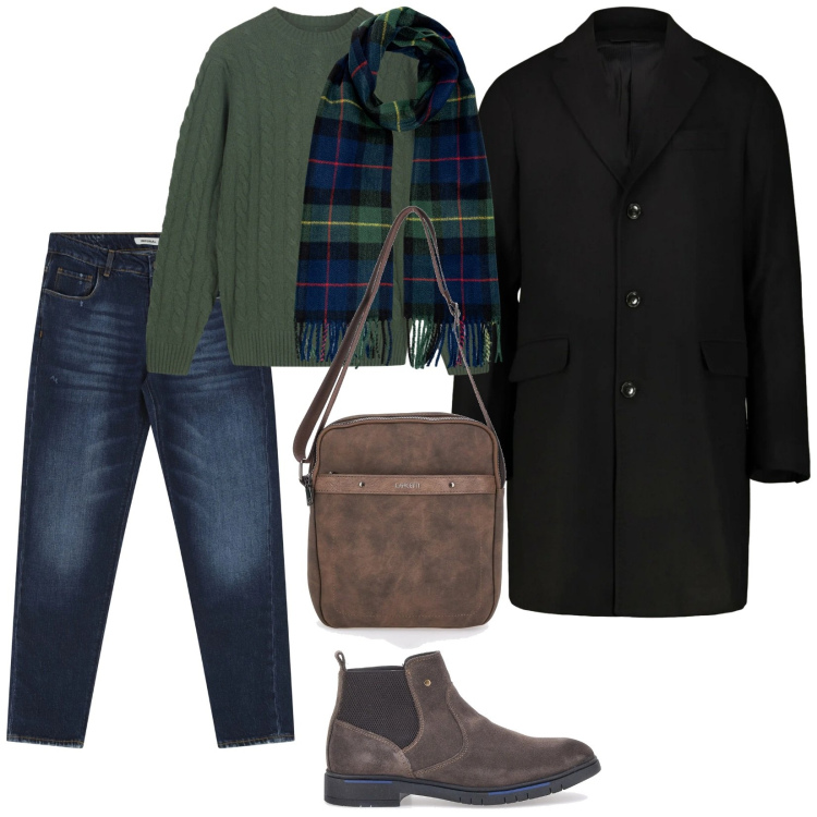 Outfit uomo - A lavoro. per Ufficio. Abbinamento con jeans dritti, maglieria, stivali e stivaletti, sciarpe, cappotti, portafogli.