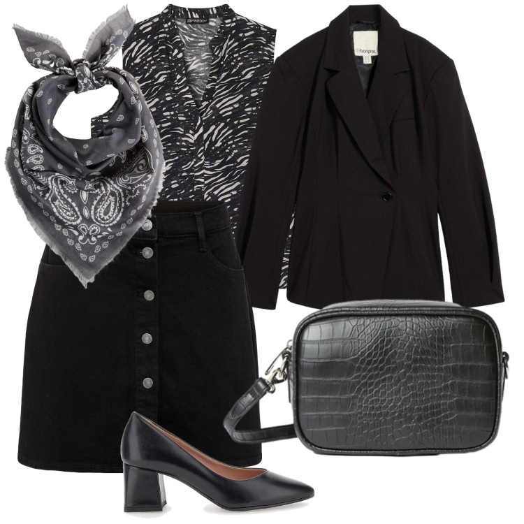 Outfit donna - Look da ufficio. Stile Basic per Ufficio. Abbinamento con gonne, foulard, blazer, bluse, borse a tracolla, décolleté.