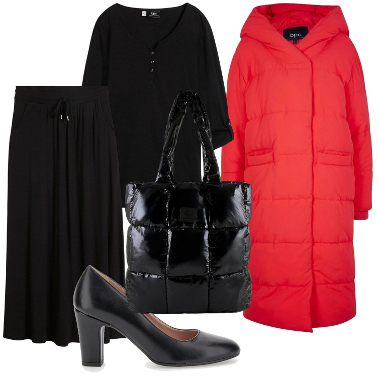 Outfit donna - Il piumino rosso in città. Stile Urban per Tutti i giorni. Abbinamento con gonne, cardigans, piumini, shopping bag, décolleté.