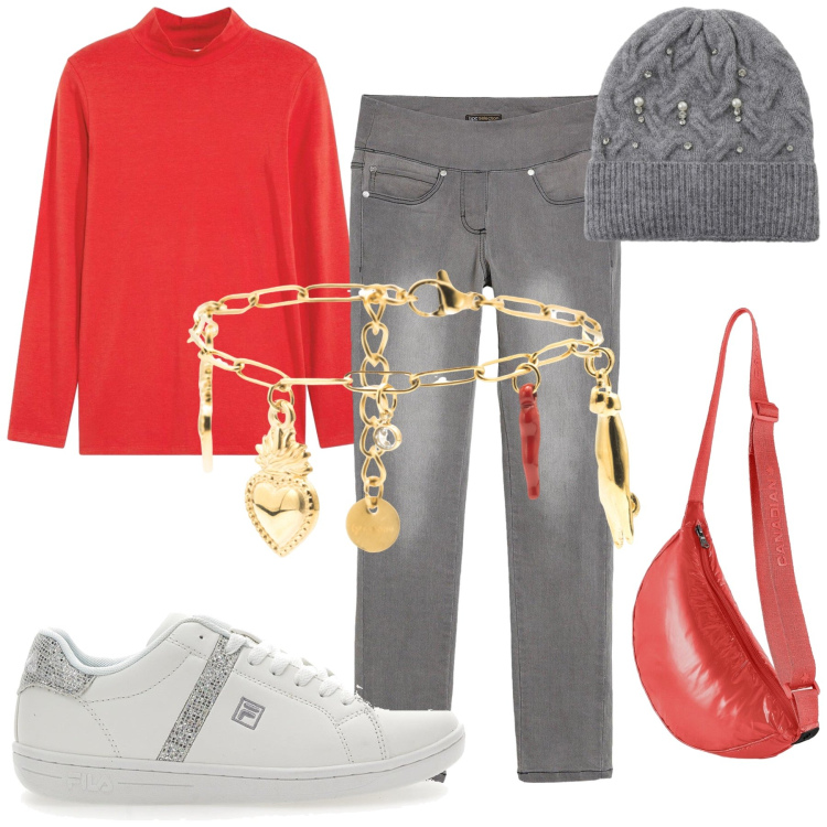 Outfit donna - Grigio e rosso perfetto. Stile Casual chic per Tutti i giorni. Abbinamento con maglieria, jeans dritti, berretti, braccialetti, borse sportive, sneakers.