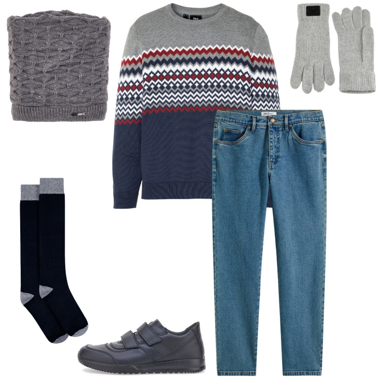 Outfit uomo - Total look #2302101. Stile Casual per Tutti i giorni. Abbinamento con jeans dritti, maglieria, guanti, calzini, cappelli, scarpe stringate.