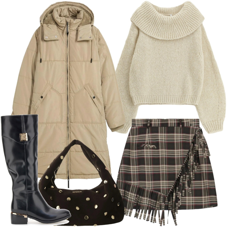 Outfit donna - Magiche Asimmetrie. Stile Casual chic per Tutti i giorni. Abbinamento con piumini, maglieria, borse a spalla, minigonne, stivali.