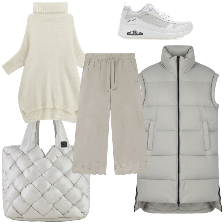 Outfit donna - Colore chiaro. Stile Casual per Tutti i giorni. Abbinamento con maglieria, pantaloni, borse tote, piumini, sneakers.