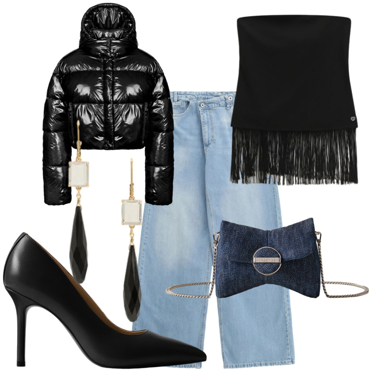 Outfit donna - Trendy night. Stile Sporty chic per Serata fuori. Abbinamento con jeans, top, borse a spalla, décolleté, orecchini, piumini.