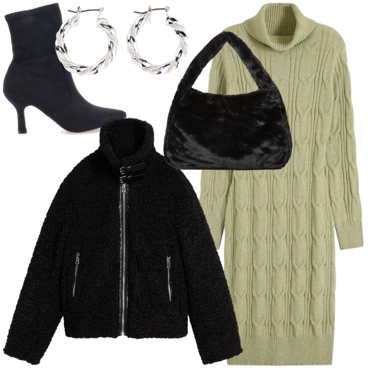 Outfit donna - Abito in maglia tante occasioni. Stile Urban per Tutti i giorni. Abbinamento con orecchini, ecopellicce, vestiti, stivaletti, borse a spalla.