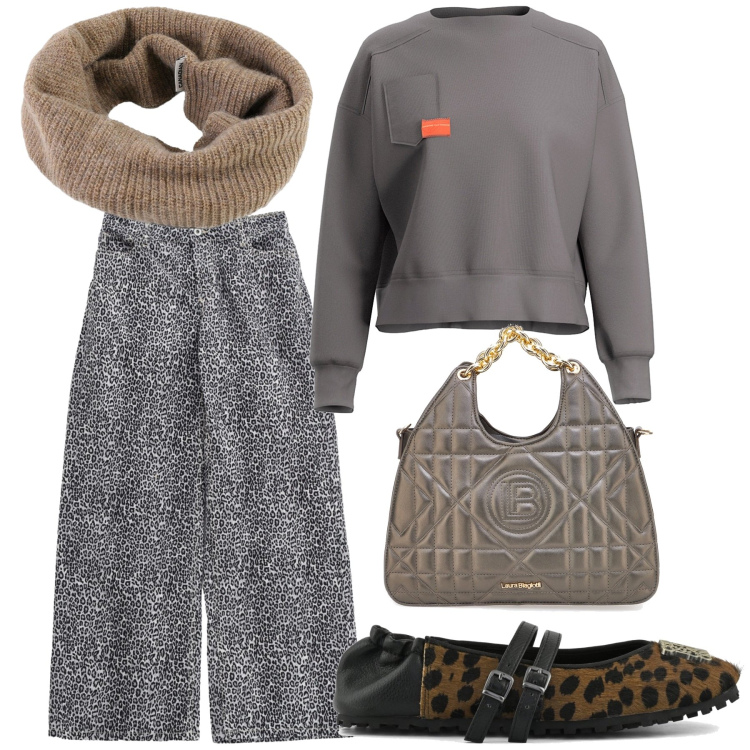 Outfit donna - Un pomeriggio easy. Stile Casual chic per Tutti i giorni. Abbinamento con pantaloni, scaldacollo, borse a mano, ballerine, felpe.