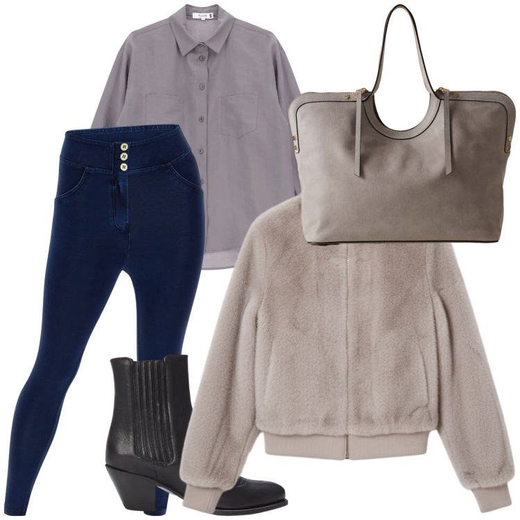 Outfit donna - Taupe. Stile Trendy per Tutti i giorni. Abbinamento con camicie, bomber, shopping bag, jeggings, stivaletti texani.