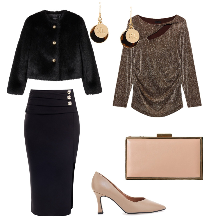 Outfit donna - Serata a teatro. Stile Chic per Serata fuori. Abbinamento con gonne, pochette, ecopellicce, orecchini, décolleté, bluse.