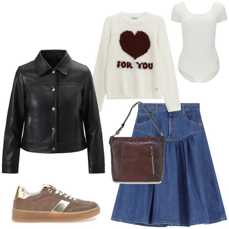 Outfit donna - Total look #2302116. Stile Urban per Tutti i giorni. Abbinamento con gonne longuette, pullovers, giacche, body, sneakers, borse a spalla.