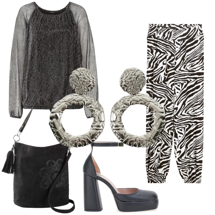 Outfit donna - Disco. Stile Trendy per Serata fuori. Abbinamento con pantaloni a palazzo, borse a mano, maglieria, orecchini, scarpe col tacco.