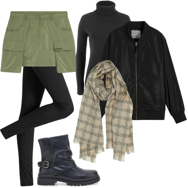 Outfit donna - Leggings e minigonna. Stile Trendy per Tutti i giorni. Abbinamento con maglieria, leggings, bomber, minigonne, sciarpe, stivaletti.