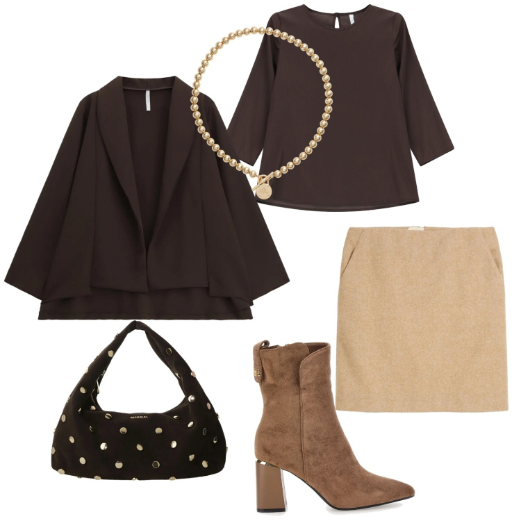 Outfit donna - Total look #2302121. Stile Chic per Serata fuori. Abbinamento con gonne, blazer, bluse, borse a spalla, collane, stivaletti.