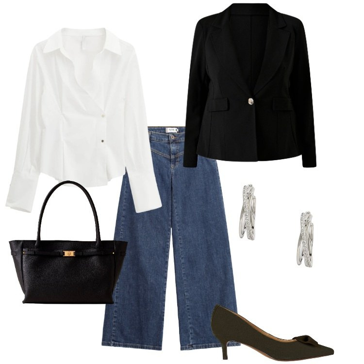 Outfit donna - Rotondo - 01. Stile Casual chic per Tutti i giorni. Abbinamento con jeans, blazer, camicie, shopping bag, orecchini, décolleté.