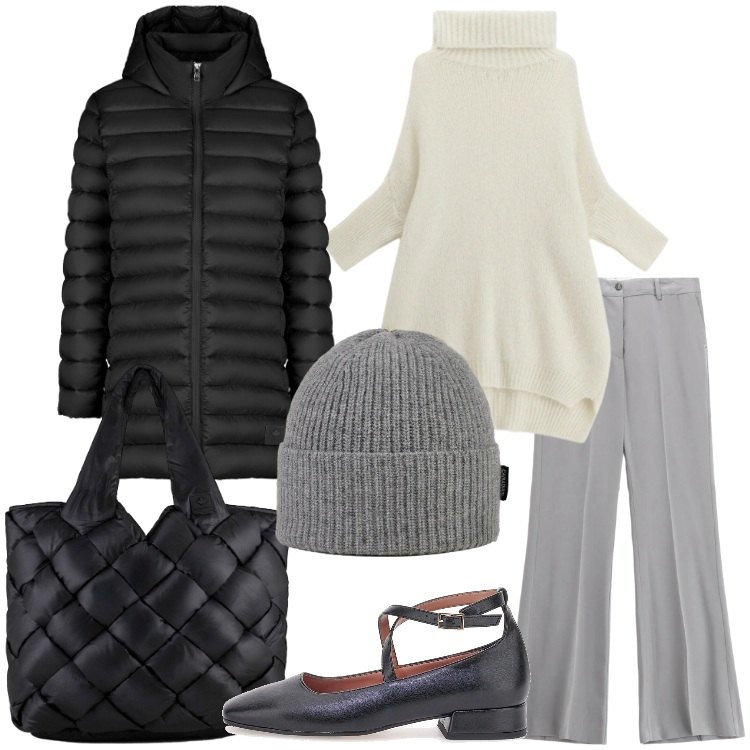 Outfit donna - Warm & Chic. Stile Minimal per Tutti i giorni. Abbinamento con pantaloni, maglieria, borse tote, piumini, berretti, ballerine.