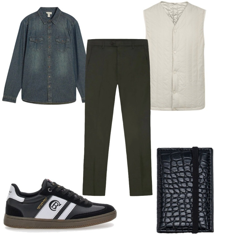 Outfit uomo - Cena di dicembre con amici. Stile Casual per Serata speciale. Abbinamento con camicie, sneakers, piumini, portafogli, pantaloni.