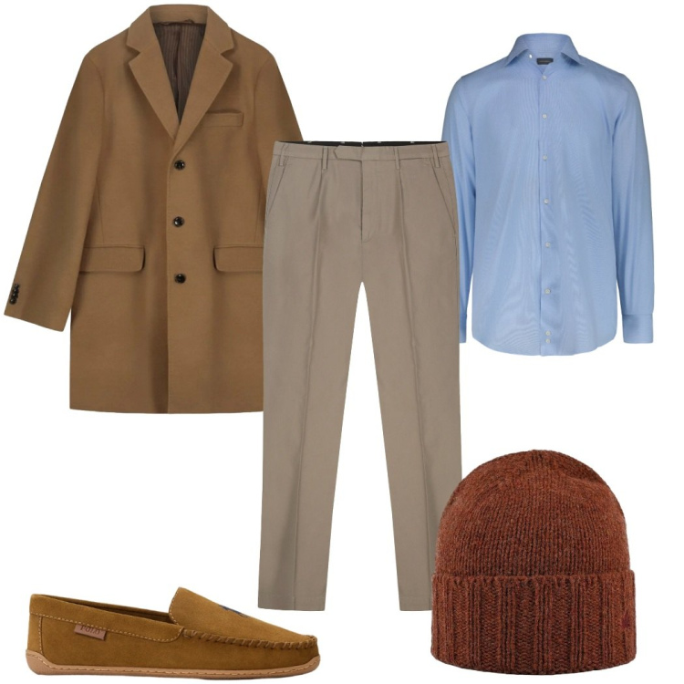 Outfit uomo - Un cappotto per dicembre. Stile Casual per Tutti i giorni. Abbinamento con scarpe stringate, cappelli, pantaloni, cappotti, camicie.