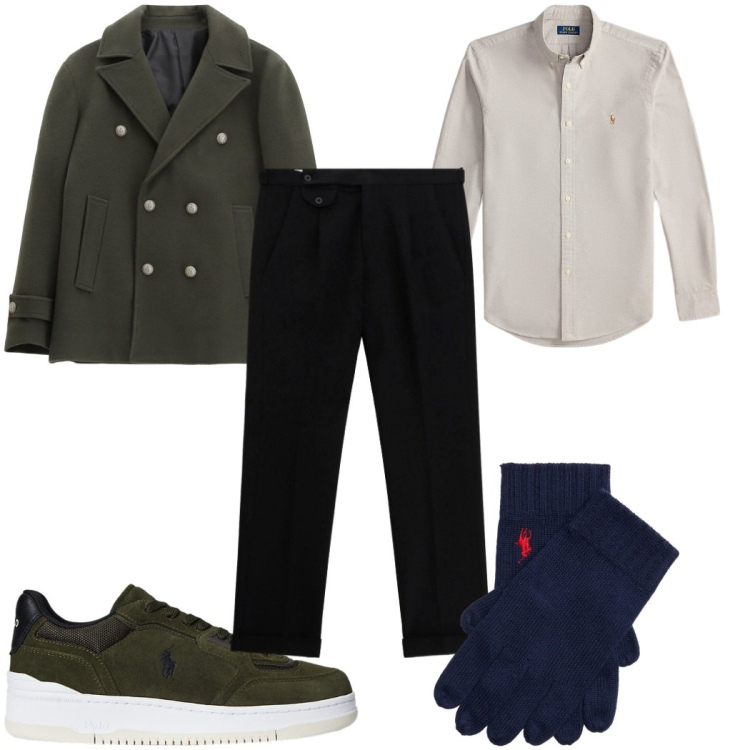 Outfit uomo - Il cappotto protagonista: doppiopetto. Stile Business/Elegante per Tutti i giorni. Abbinamento con cappotti, pantaloni, camicie, sneakers, guanti.