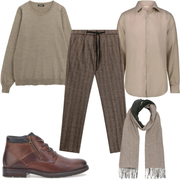 Outfit uomo - Knitwear tono su tono : in marrone. Stile Casual per Tutti i giorni. Abbinamento con pantaloni, maglieria, scarpe stringate, camicie, sciarpe.