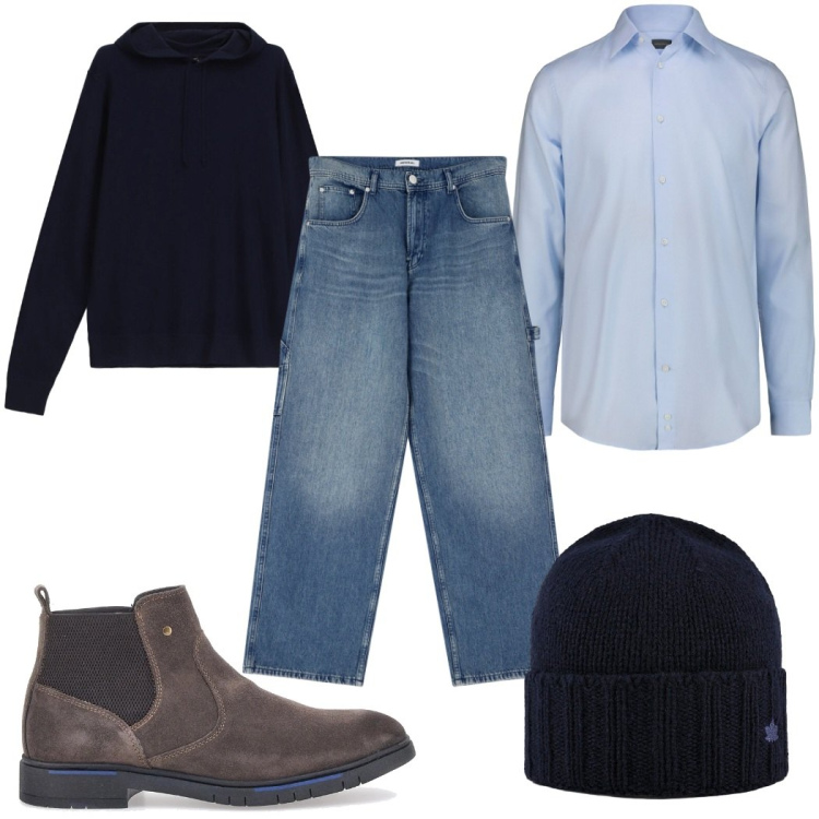 Outfit uomo - Knitwear tono su tono : in blu. Stile Casual per Tutti i giorni. Abbinamento con jeans, maglieria, cappelli, stivali e stivaletti, camicie.
