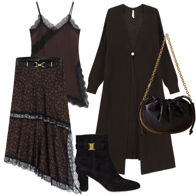 Outfit donna - Asimmetrie a cena -@lady_lo. Stile Chic per Serata fuori. Abbinamento con gonne lunghe, cardigans, canottiere, borse a spalla, stivaletti, cinture.