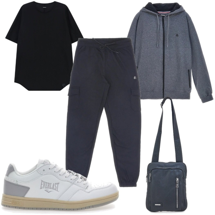 Outfit uomo - Total look #2302157. Stile Trendy per Sport. Abbinamento con t-shirt, borse sportive, sneakers, pantaloni cargo, felpe con cappuccio.
