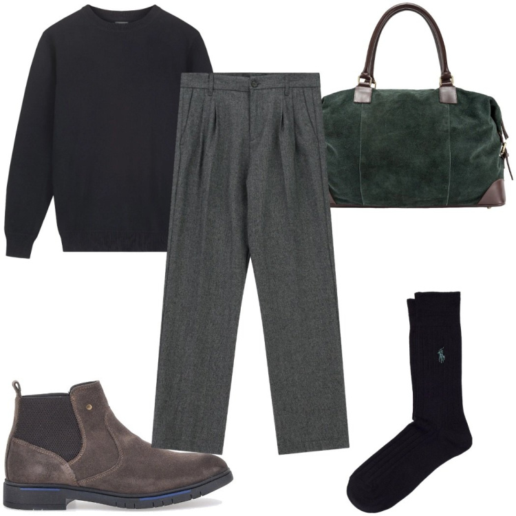 Outfit uomo - Total look #2302158. Stile Trendy per Tutti i giorni. Abbinamento con pantaloni, calzini, stivali e stivaletti, maglieria, borse sportive.