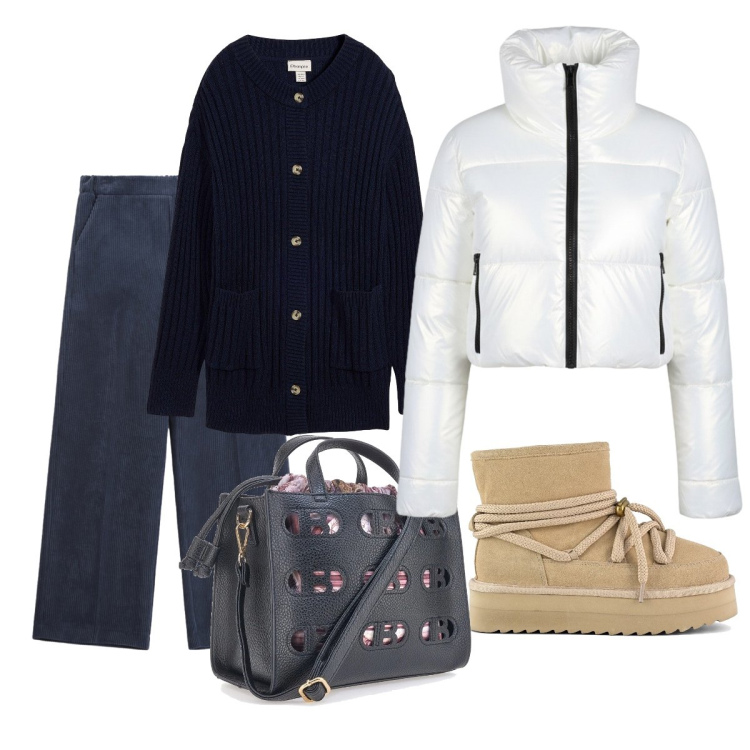 Outfit donna - Minimal dicembre. Stile Minimal per Tutti i giorni. Abbinamento con cardigans, pantaloni a palazzo, piumini, stivaletti, borse a mano.