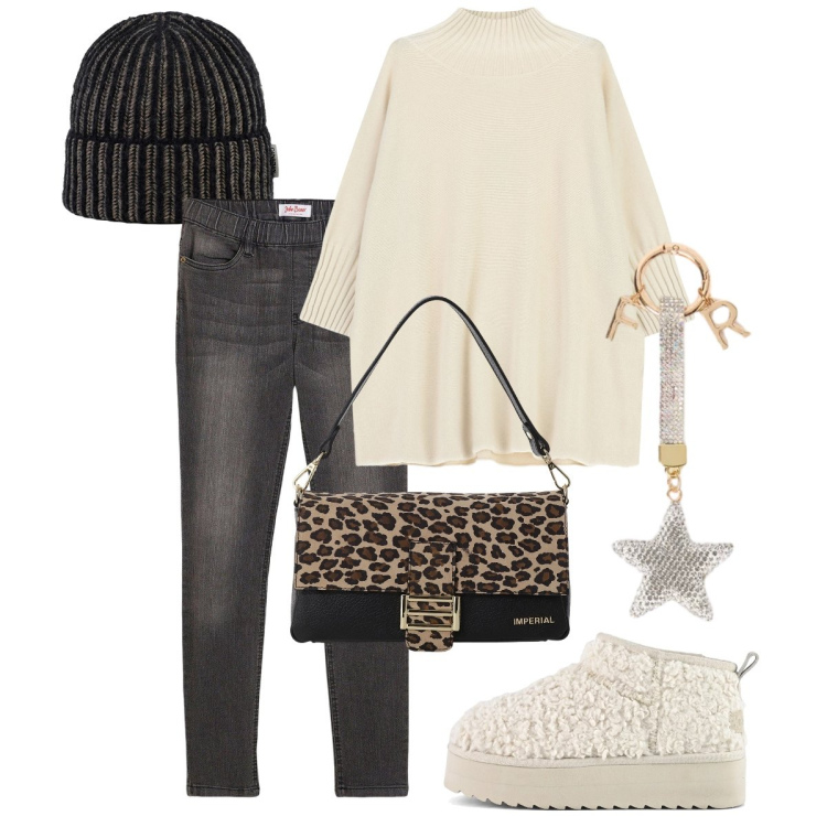 Outfit donna - Il maglione over. Stile Trendy per Tutti i giorni. Abbinamento con jeggings, maglieria, borse a spalla, berretti, portachiavi, stivaletti.