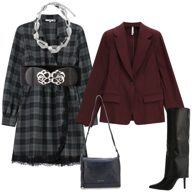 Outfit donna - Total look #2302170. Stile Urban per Serata fuori. Abbinamento con cinture, vestiti corti, blazer, stivali, ciondoli, borse a tracolla.