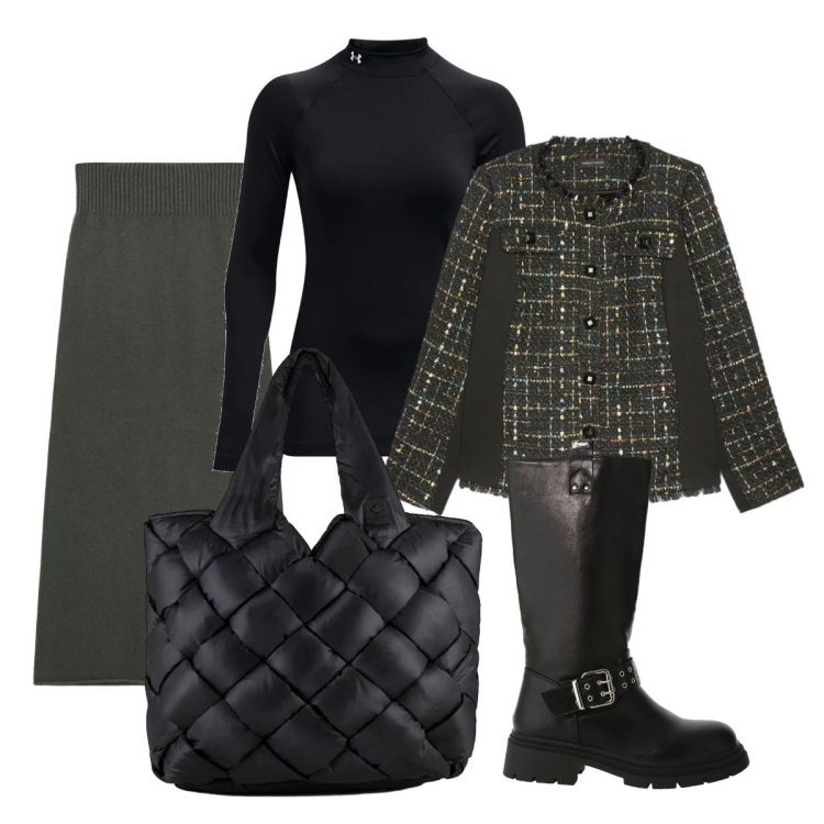 Outfit donna - Movimento a dicembre. Stile Casual per Ufficio. Abbinamento con gonne lunghe, stivali, borse tote, pullovers, blazer.