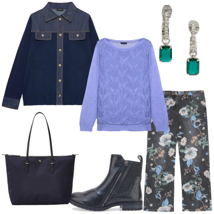 Outfit donna - Total look #2302177. Stile Casual chic per Tutti i giorni. Abbinamento con borse tote, orecchini, jeans, stivaletti chelsea, cardigans, maglieria.